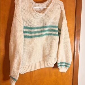 Cream Knit Sweater with Teal Stripe - Women